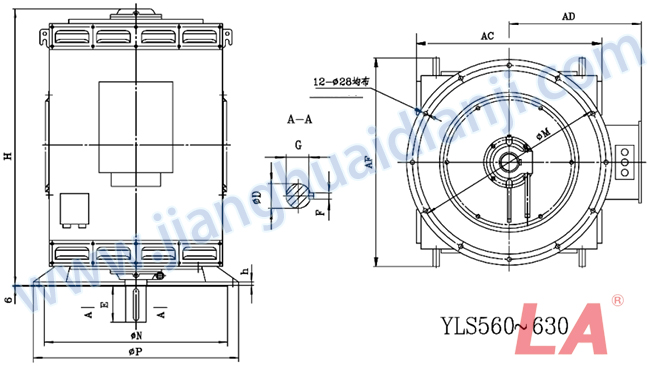 YLS系列高壓立式三相異步電動(dòng)機(jī)外形及安裝尺寸圖(YLS450-630 IP23 10KV) - 六安江淮電機(jī)有限公司